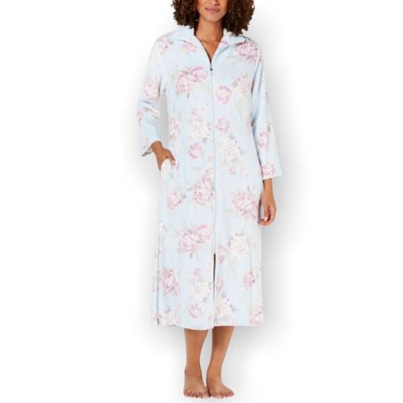 Miss Elaine Plush Floral Printed Brushed Fleece Zip Robe - Picture 1 of 12